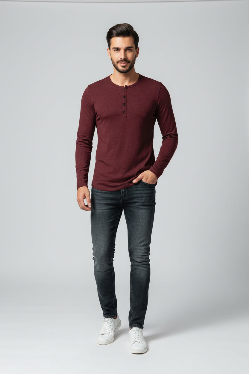 Maroon long-sleeve henley shirt on a white background