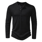 Black long-sleeve henley shirt on a white background