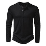 Black long-sleeve henley shirt on a white background