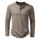 Brown long-sleeve henley shirt on a white background