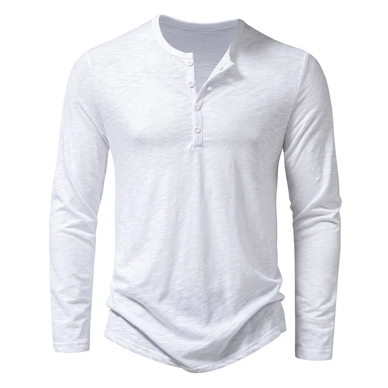 White long-sleeve henley shirt on a white background
