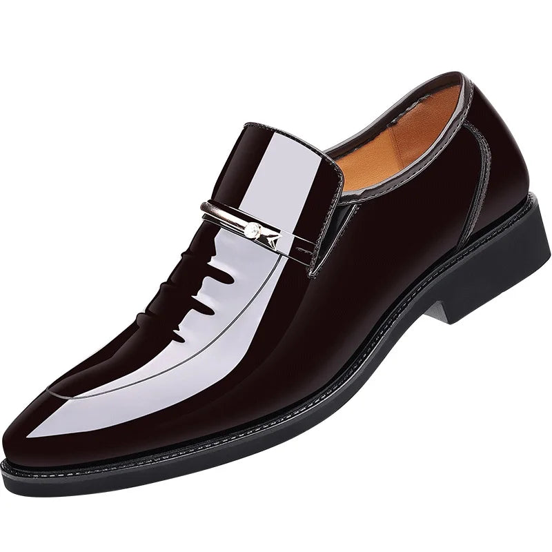 Black patent leather dress shoe with a silver buckle on a white background