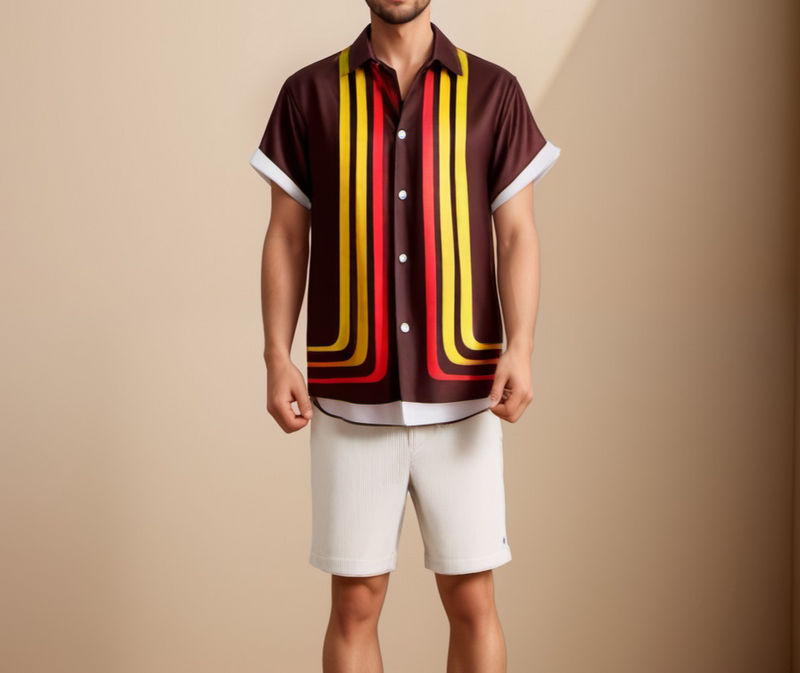 Man wearing a colorful striped shirt and white shorts on a beige background