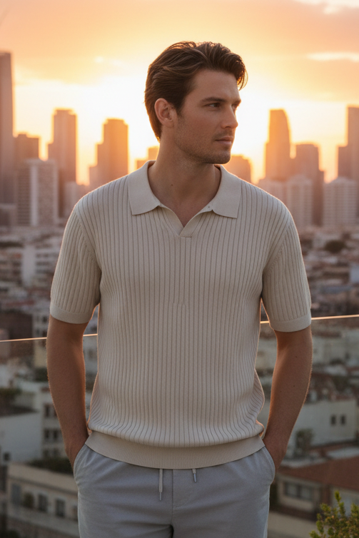 Man wearing sunglasses and a beige ribbed sweater with a scenic background