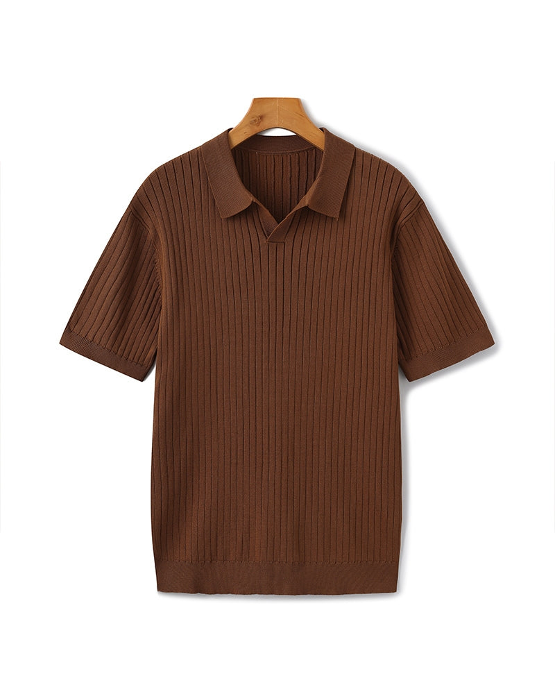 Brown ribbed polo shirt on a hanger against a white background