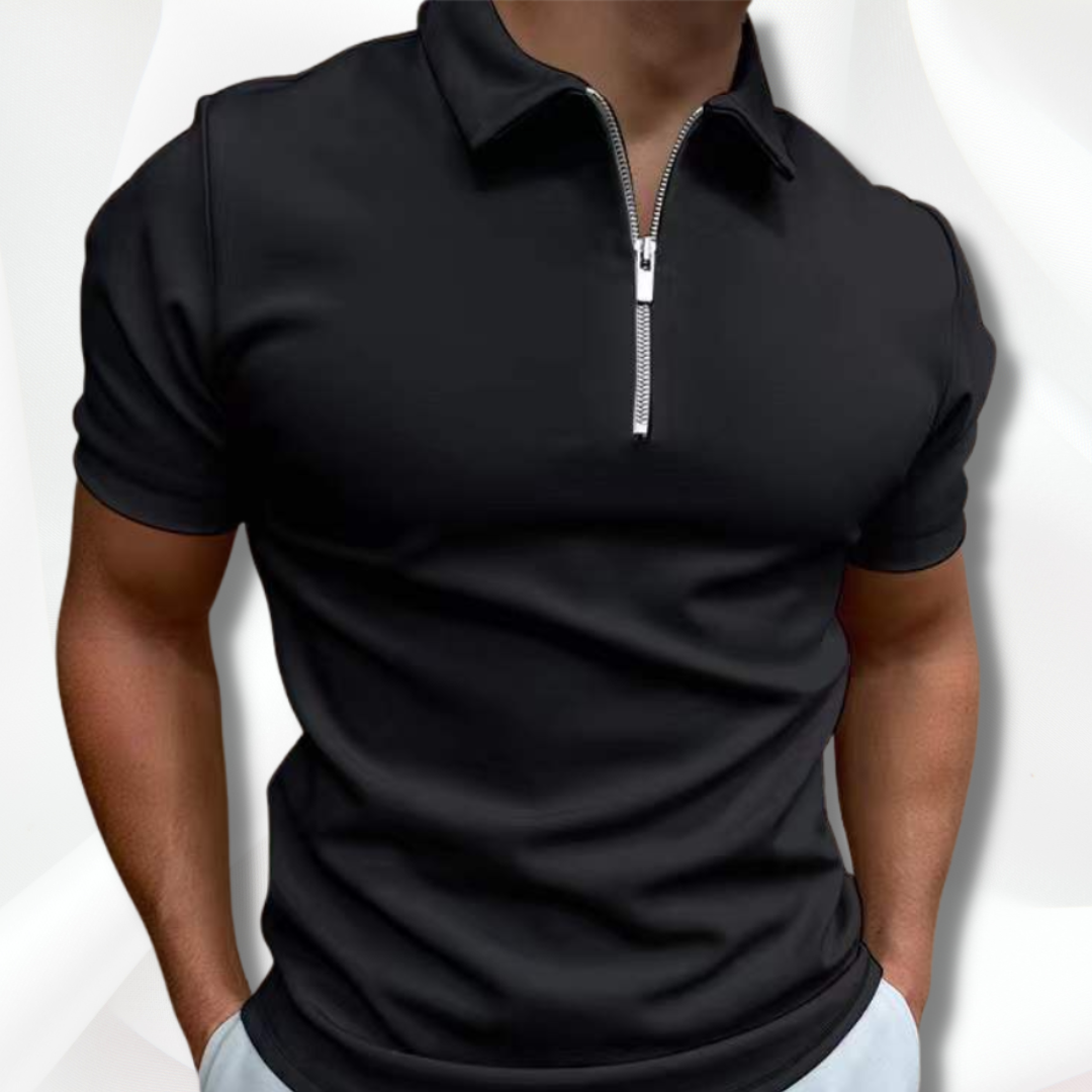 Black short-sleeve polo shirt with a zipper on a white background