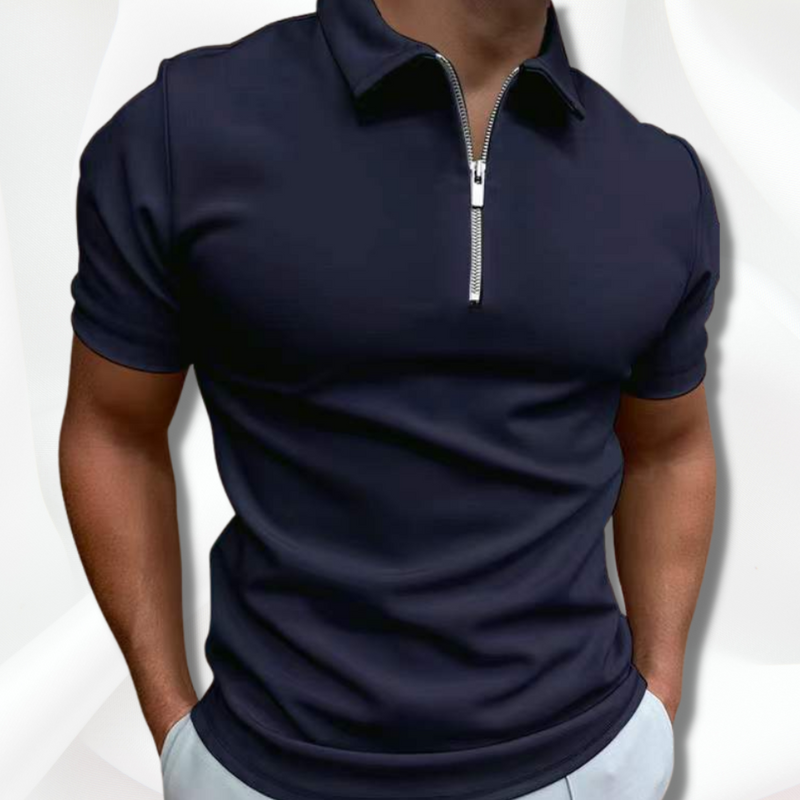 Navy blue polo shirt with a zipper on a white background