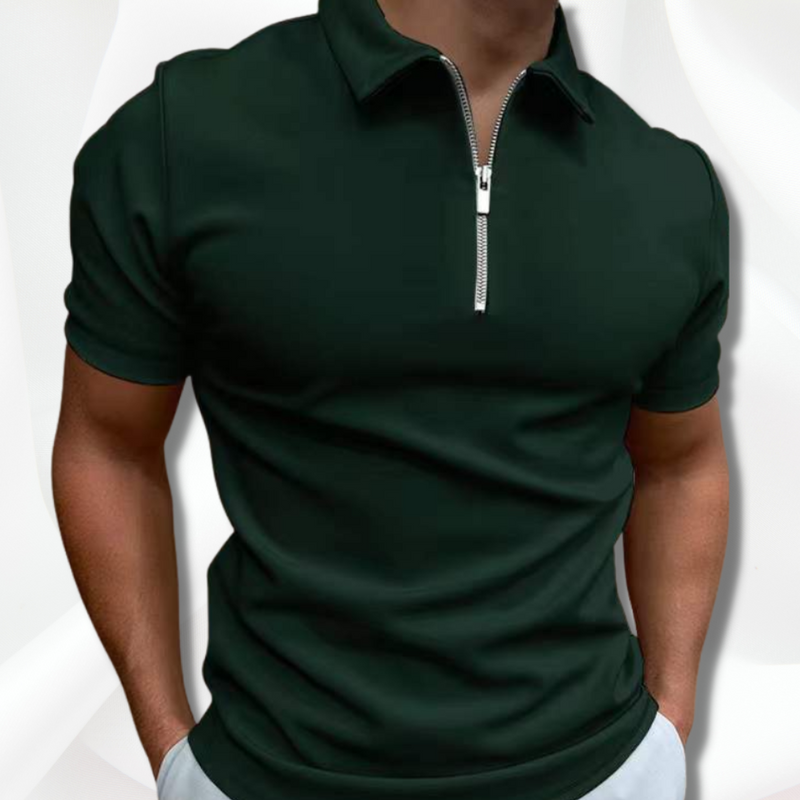 Green polo shirt with a zipper on a white background