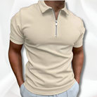 Beige short-sleeve polo shirt with a zipper on a white background