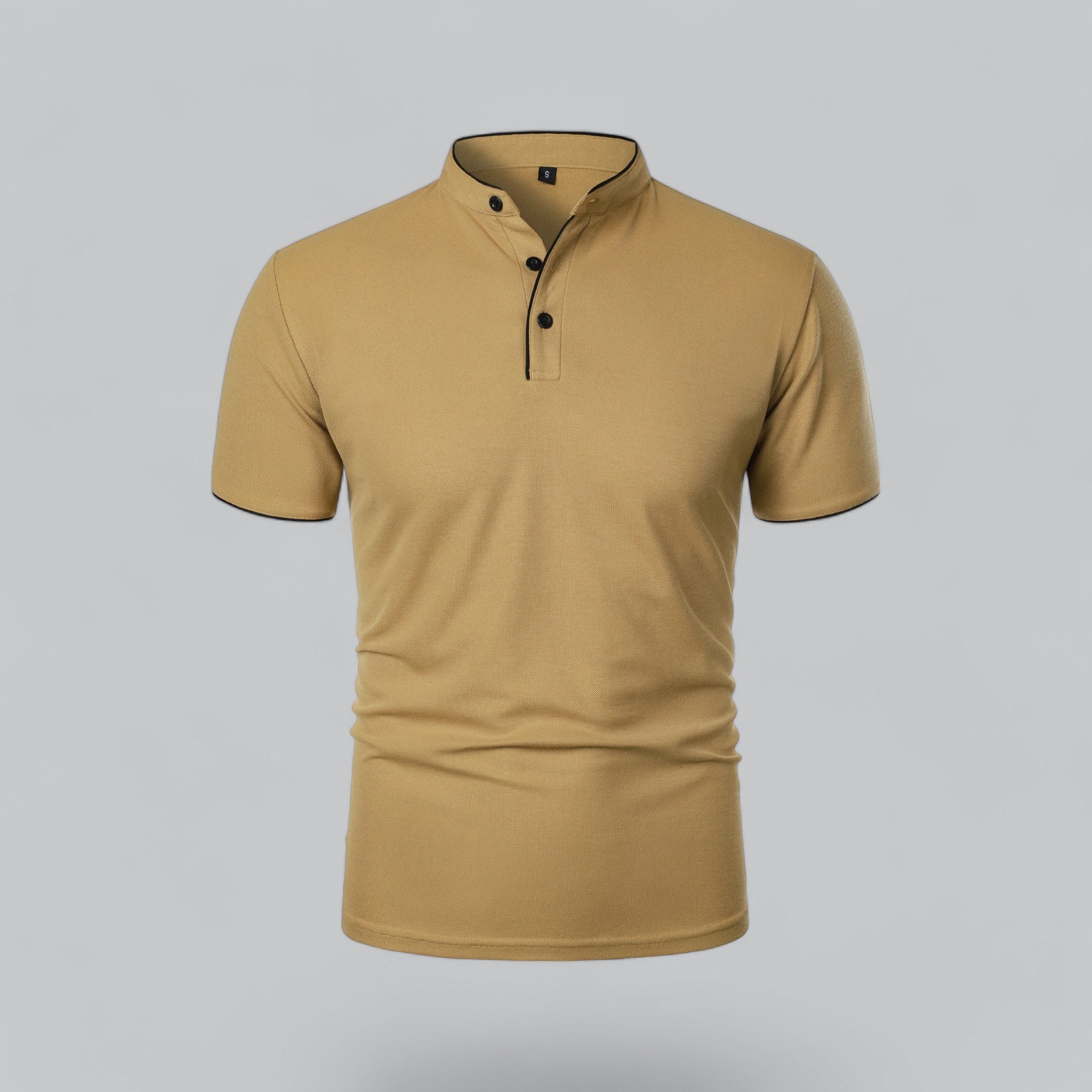 Beige short-sleeve henley shirt on a gray background