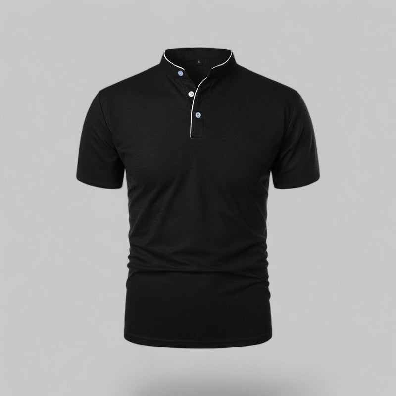 Black polo shirt with white buttons on a gray background