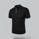 Black polo shirt with white trim on a gray background