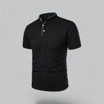 Black polo shirt with white trim on a gray background