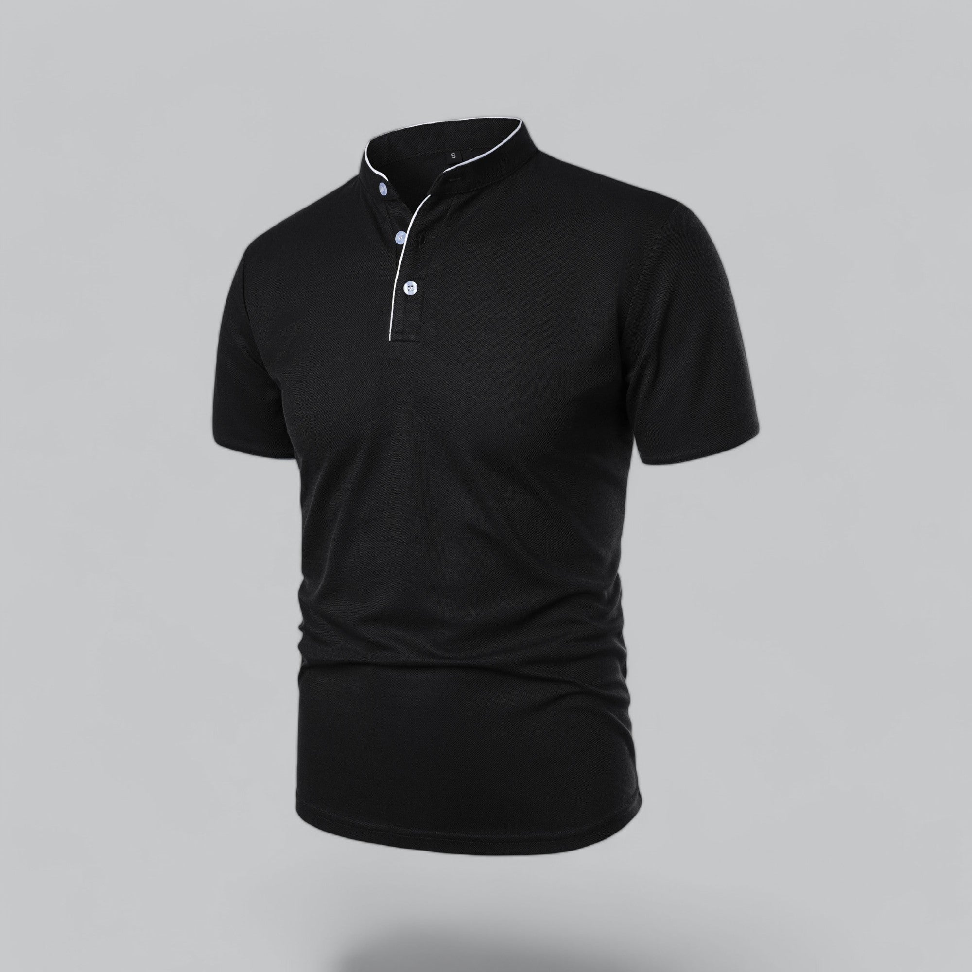 Black polo shirt with white trim on a gray background