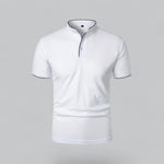 White polo shirt with a black zipper on a gray background