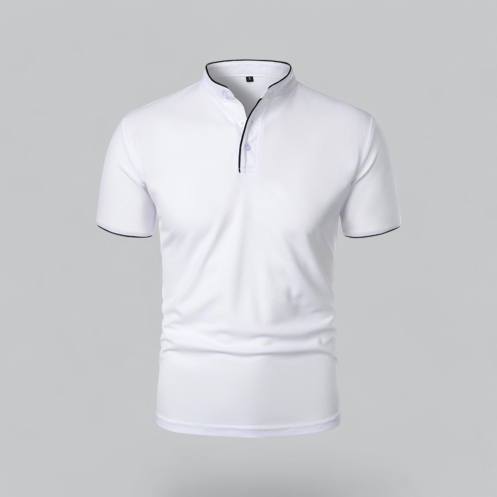 White polo shirt with a black zipper on a gray background
