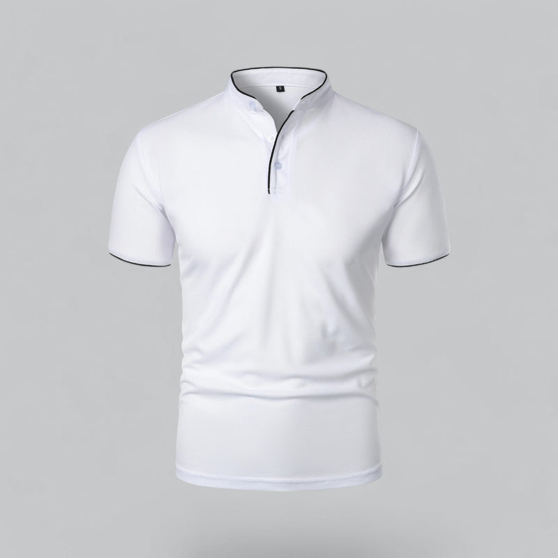 White polo shirt with a black zipper on a gray background