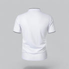 White t-shirt with black trim on a gray background