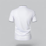 White t-shirt with black trim on a gray background