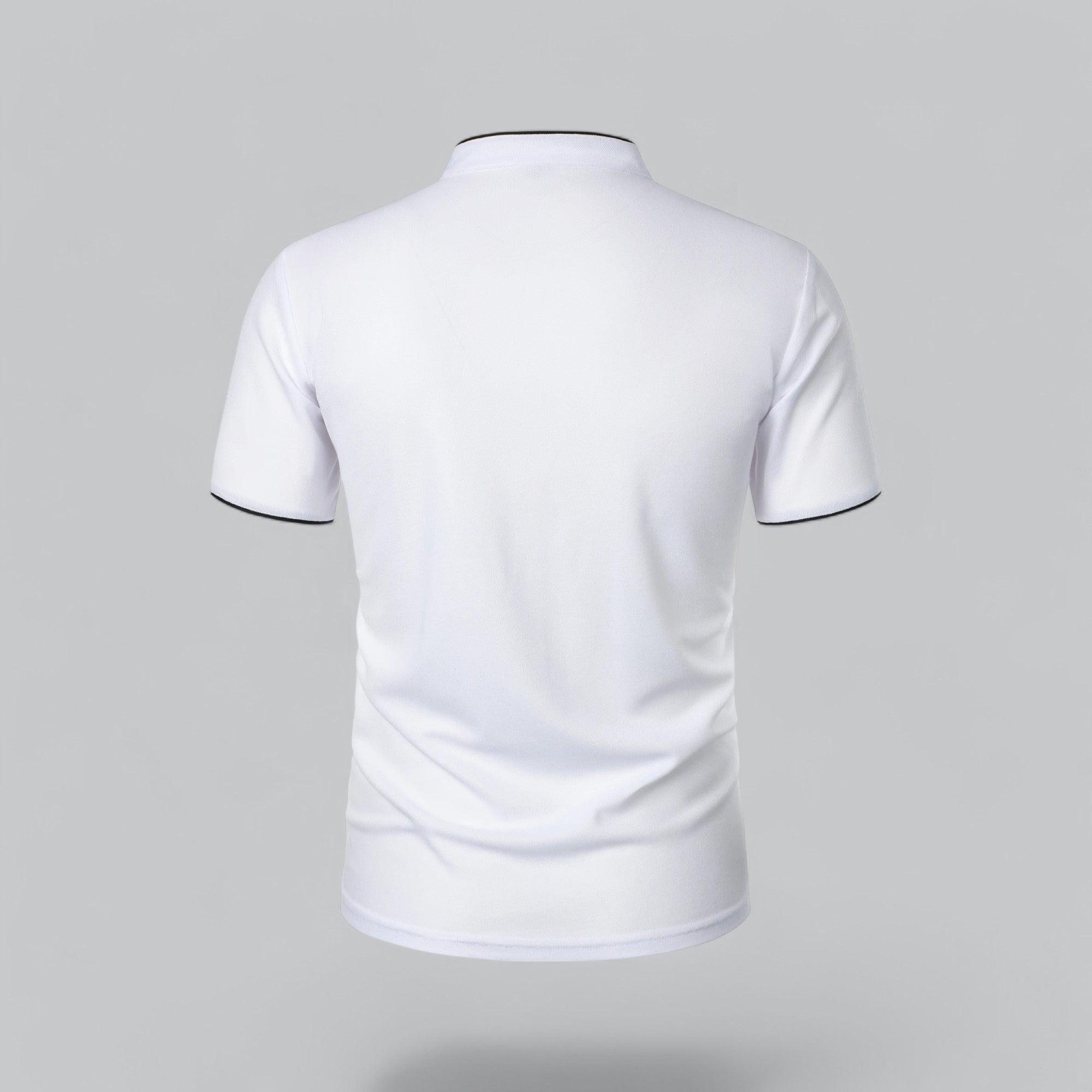 White t-shirt with black trim on a gray background