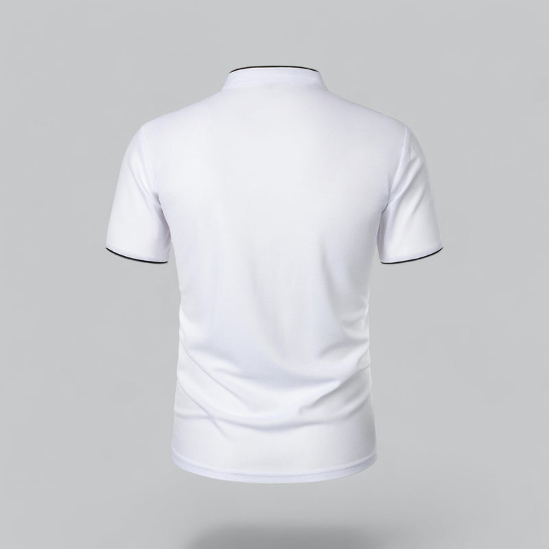 White t-shirt with black trim on a gray background