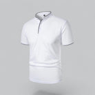 White polo shirt with black trim on a gray background