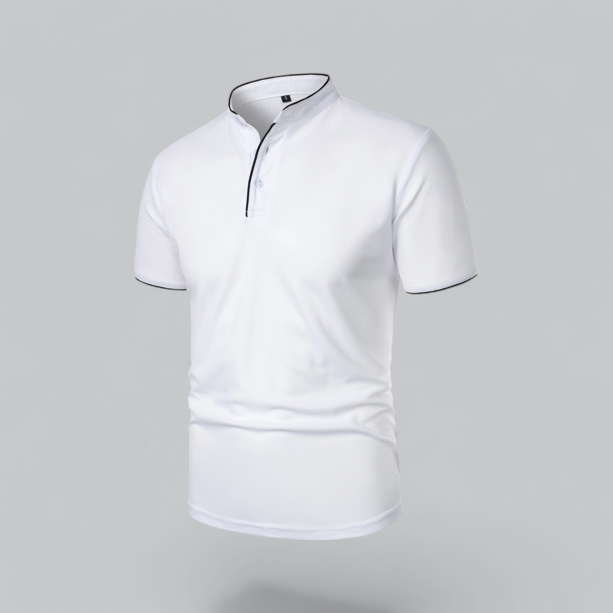 White polo shirt with black trim on a gray background