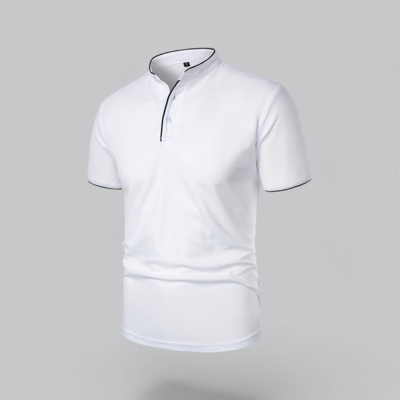 White polo shirt with black trim on a gray background