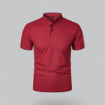 Red short-sleeve shirt with black buttons on a gray background