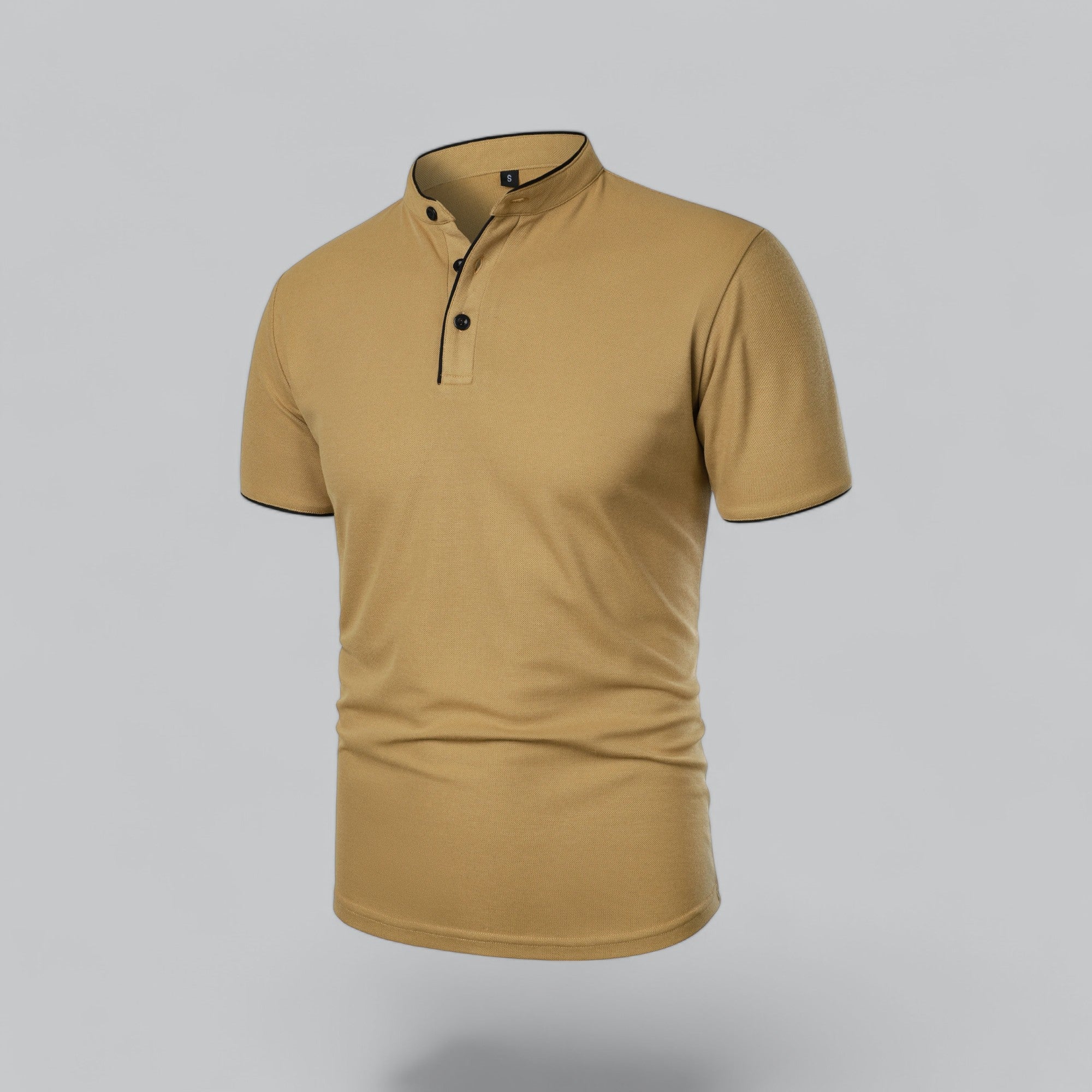 Beige short-sleeve shirt with black collar and buttons on a gray background