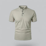 Beige short-sleeve polo shirt on a light gray background