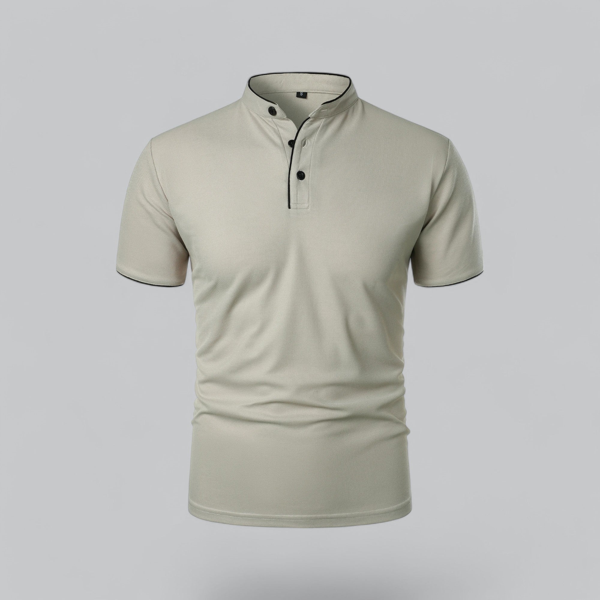 Beige short-sleeve polo shirt on a light gray background