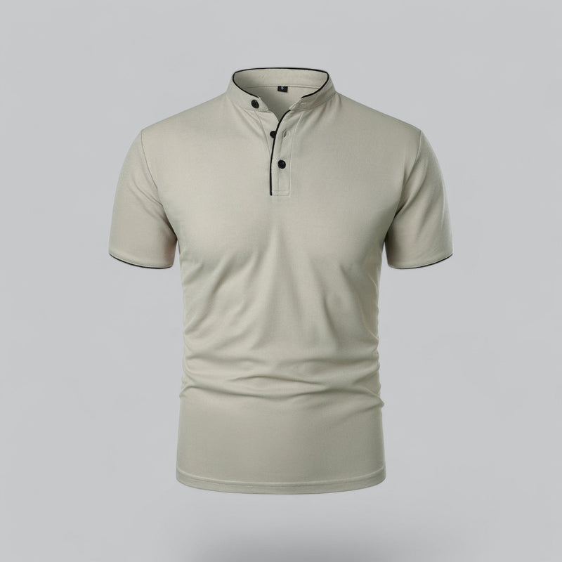 Beige short-sleeve polo shirt on a light gray background