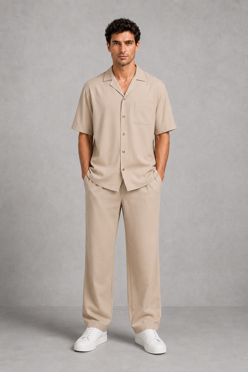 Man wearing a beige shirt and pants set against a gray background