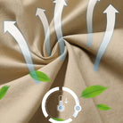 Beige fabric with arrows and green leaves indicating breathability and eco-friendliness.