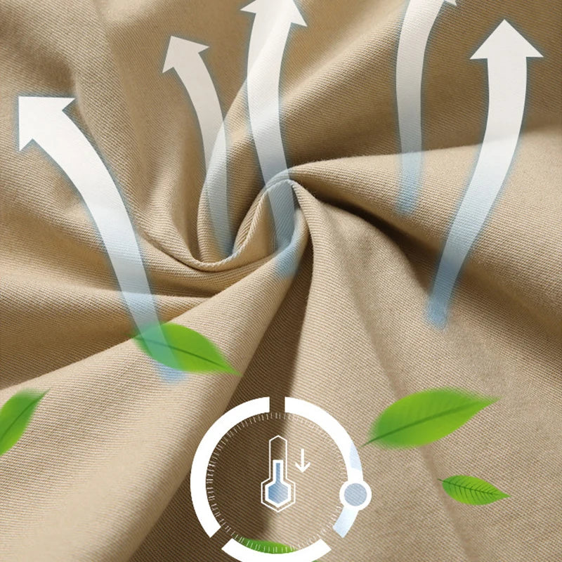 Beige fabric with arrows and green leaves indicating breathability and eco-friendliness.