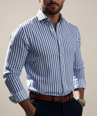 Men’s striped long sleeve button up shirt with vertical pattern