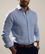 Men’s striped long sleeve button up shirt with vertical pattern