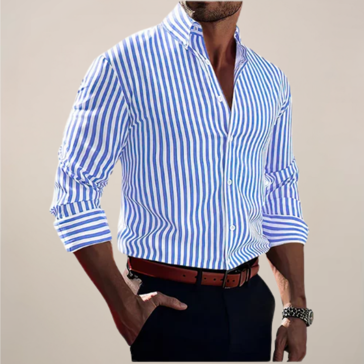 Men’s striped long sleeve button up shirt with vertical pattern
