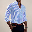 Men’s striped long sleeve button up shirt with vertical pattern