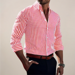 Men’s striped long sleeve button up shirt with vertical pattern