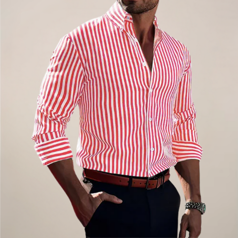 Men’s striped long sleeve button up shirt with vertical pattern