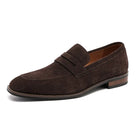 Brown suede loafer shoe on a white background