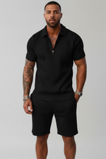 Men’s summer matching zip polo shirt and shorts set casual outfit