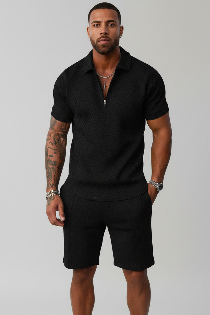 Men’s summer matching zip polo shirt and shorts set casual outfit