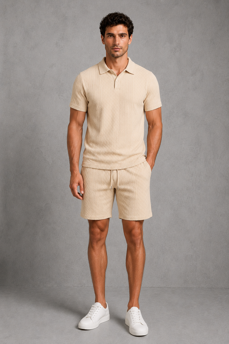 Man wearing a beige polo shirt and shorts set against a gray background