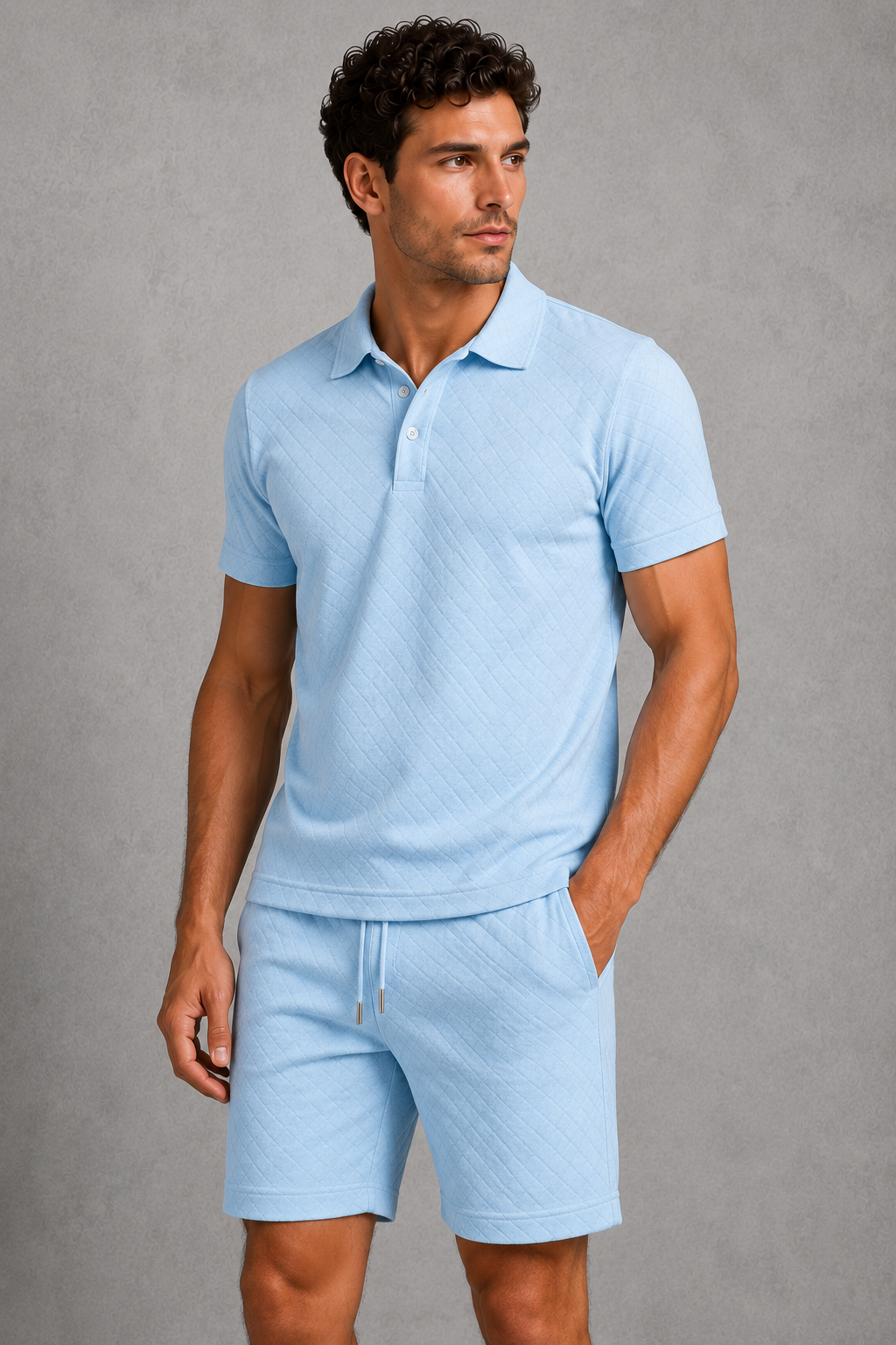 Man wearing a light blue polo shirt and shorts against a gray background