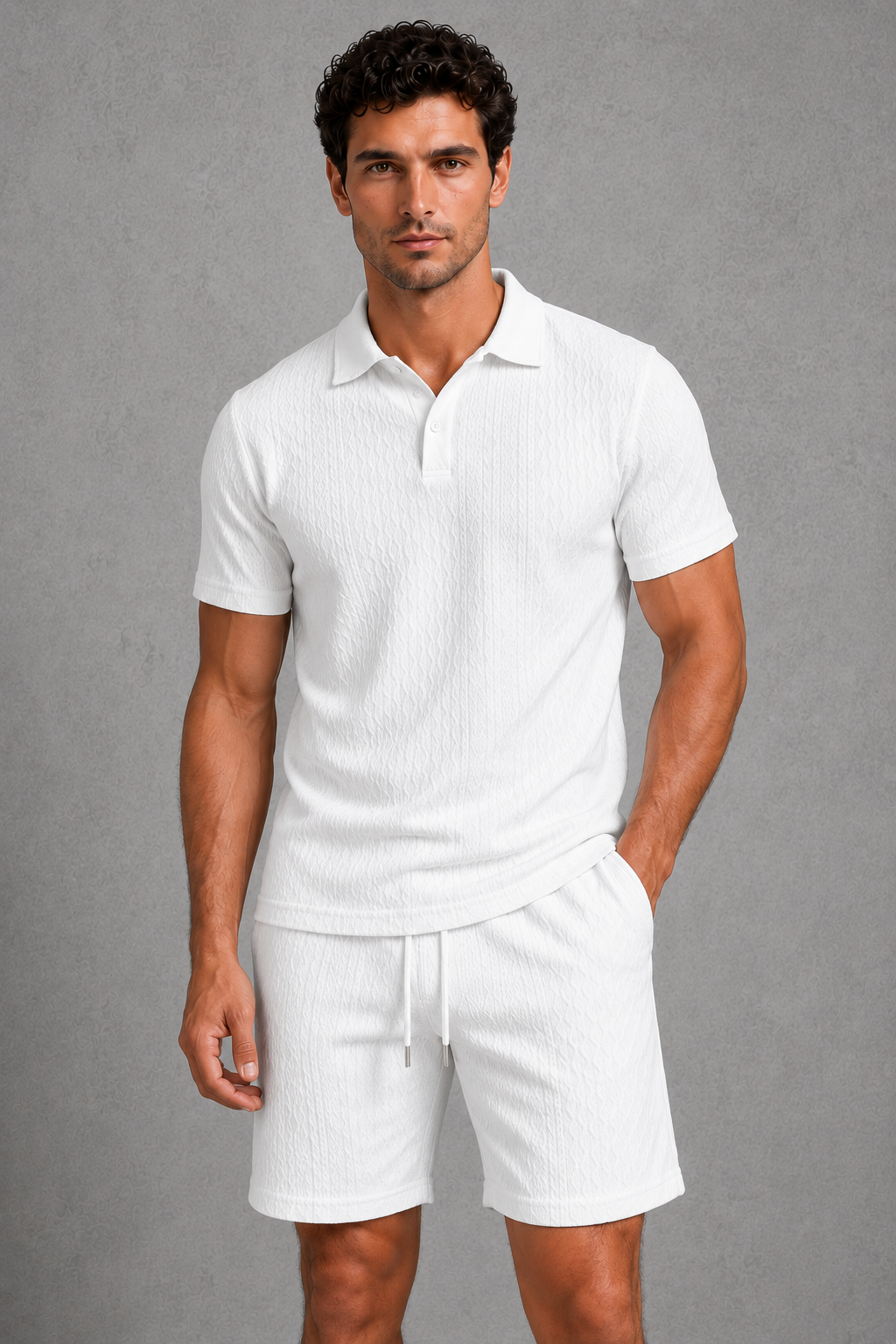 Man wearing a white polo shirt and shorts against a gray background