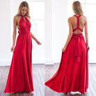 Red evening gown with halter neckline and open back, shown from front and back views.