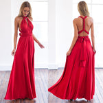 Red evening gown with halter neckline and open back, shown from front and back views.